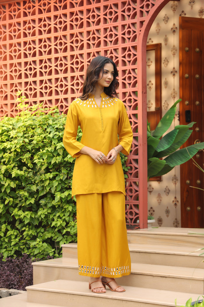 Mustard Mirror Hand Work Russian Silk Co-ord Set