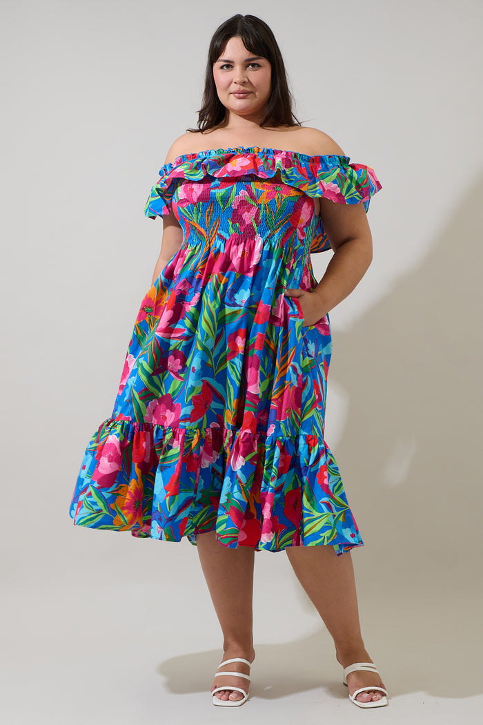 Naima Floral Off the Shoulder Smocked Midi Dress Curve