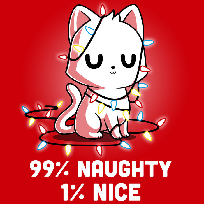 Premium Cotton T-shirt_TeeTurtle Naughty List red t-shirt featuring a white cat who looks pleased with itself and is wrapped in Christmas lights.
