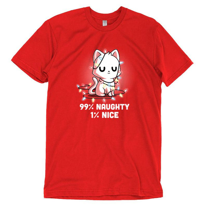 Premium Cotton T-shirt_TeeTurtle Naughty List red apparel featuring a white cat who looks pleased with itself and is wrapped in Christmas lights.