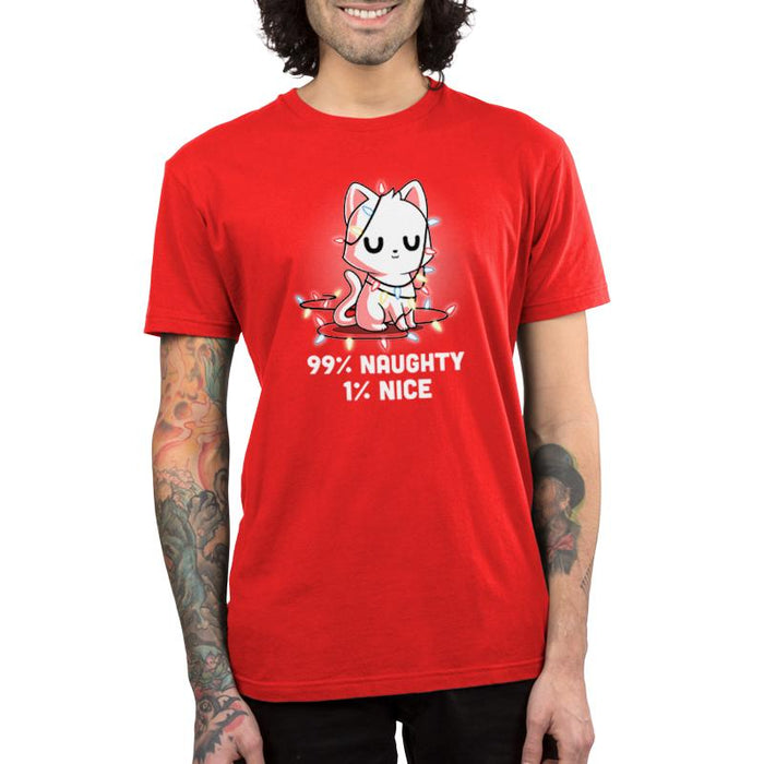 Premium Cotton T-shirt_TeeTurtle Naughty List red apparel featuring a white cat who looks pleased with itself and is wrapped in Christmas lights.