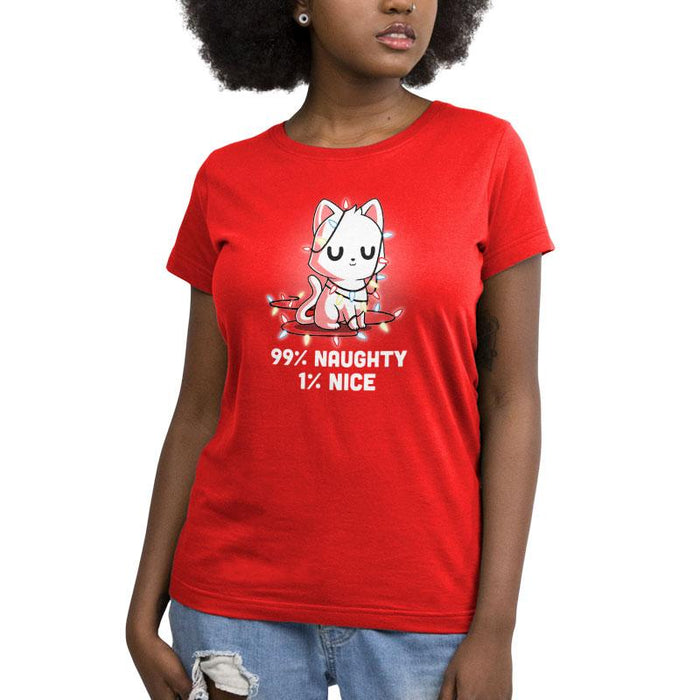 Premium Cotton T-shirt_TeeTurtle Naughty List red apparel featuring a white cat who looks pleased with itself and is wrapped in Christmas lights.