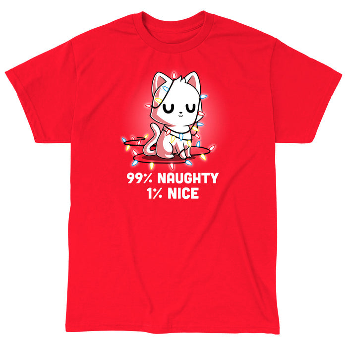 Classic Cotton T-shirt_TeeTurtle Naughty List red apparel featuring a white cat who looks pleased with itself and is wrapped in Christmas lights.