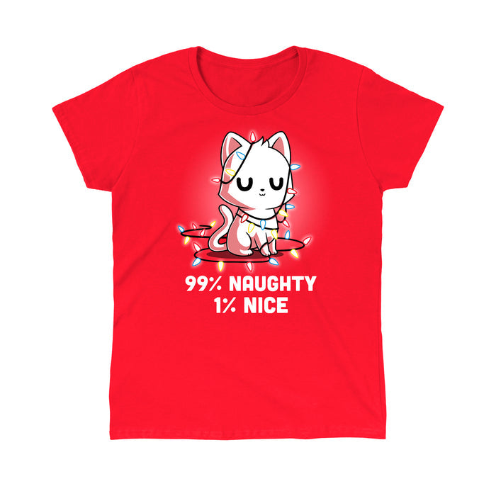 Classic Cotton T-shirt_TeeTurtle Naughty List red apparel featuring a white cat who looks pleased with itself and is wrapped in Christmas lights.