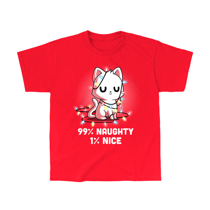 Classic Cotton T-shirt_TeeTurtle Naughty List red apparel featuring a white cat who looks pleased with itself and is wrapped in Christmas lights.