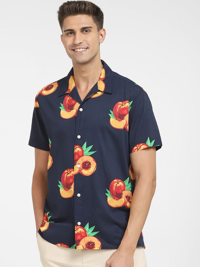 Navy Blue All Over Print Short Sleeves Shirt