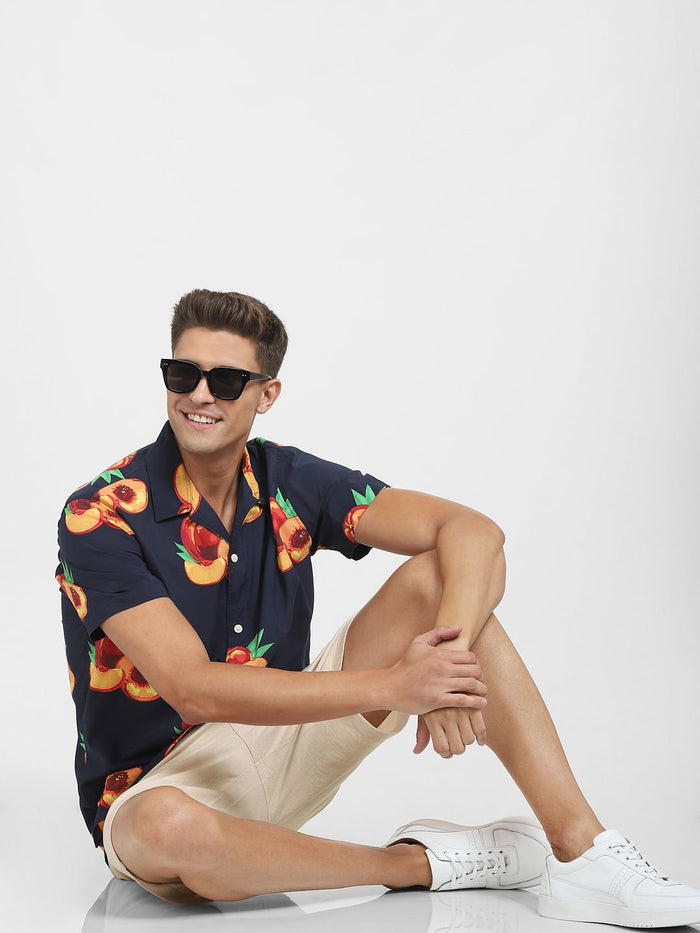 Navy Blue All Over Print Short Sleeves Shirt