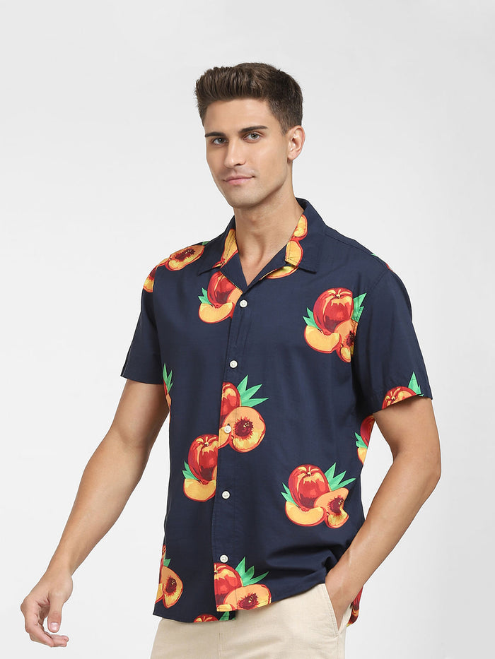 Navy Blue All Over Print Short Sleeves Shirt