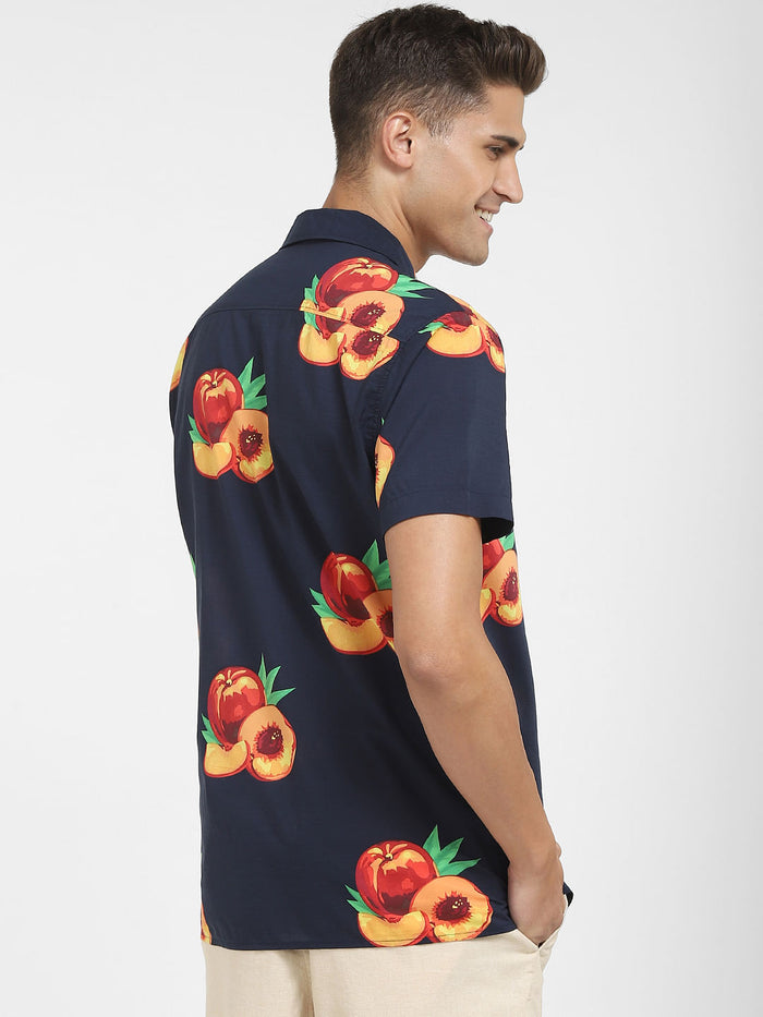 Navy Blue All Over Print Short Sleeves Shirt
