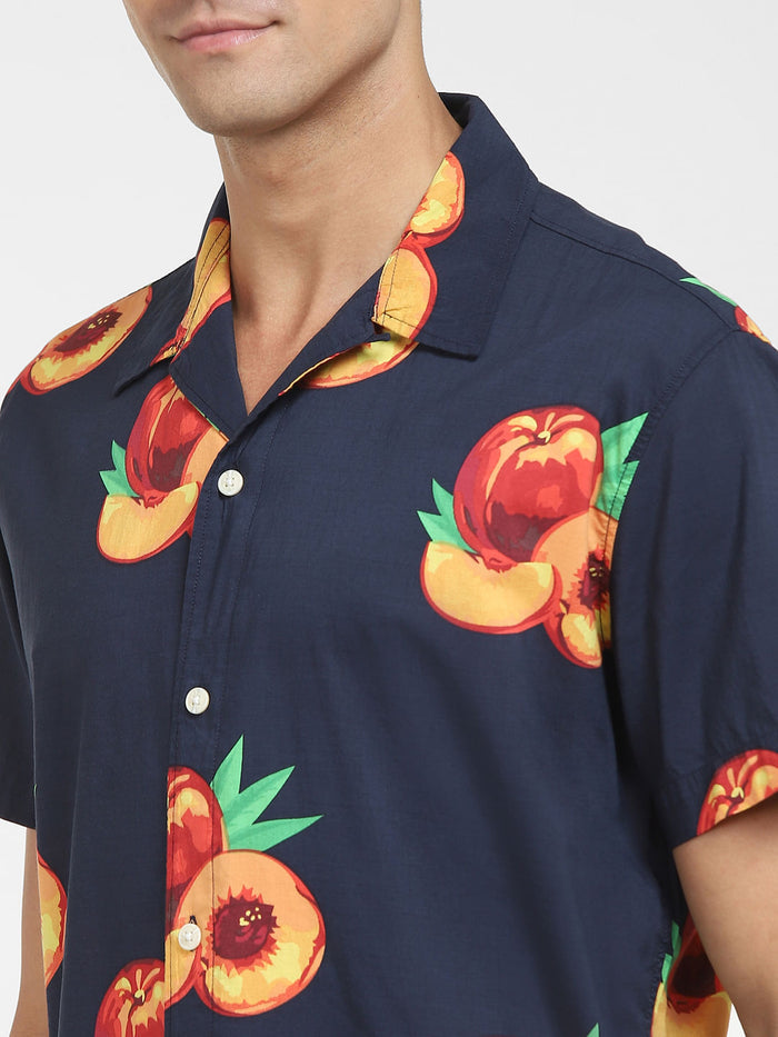 Navy Blue All Over Print Short Sleeves Shirt