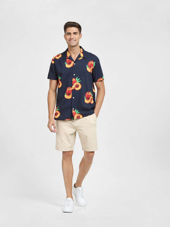 Navy Blue All Over Print Short Sleeves Shirt