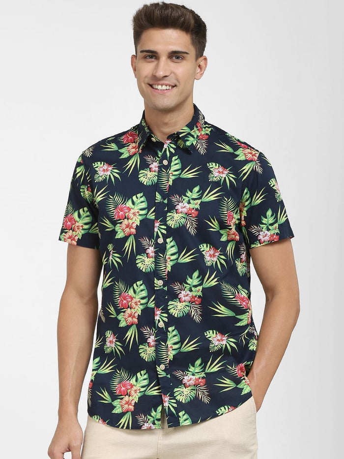 Navy Blue Tropical Print Short Sleeves Shirt