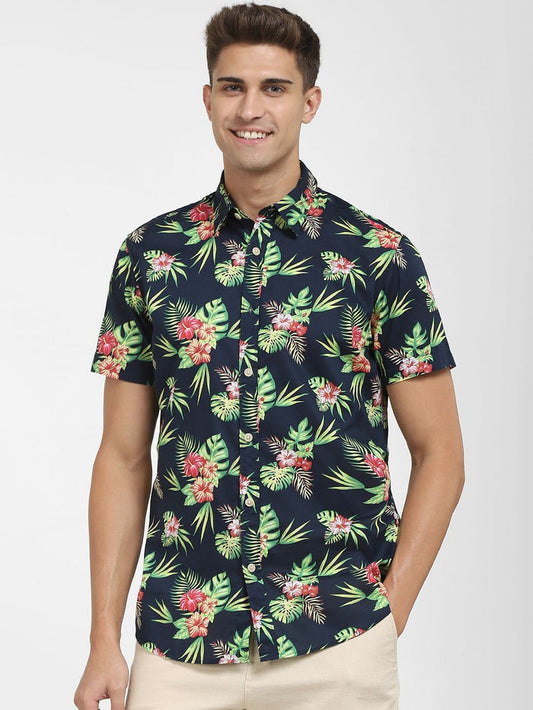 Navy Blue Tropical Print Short Sleeves Shirt