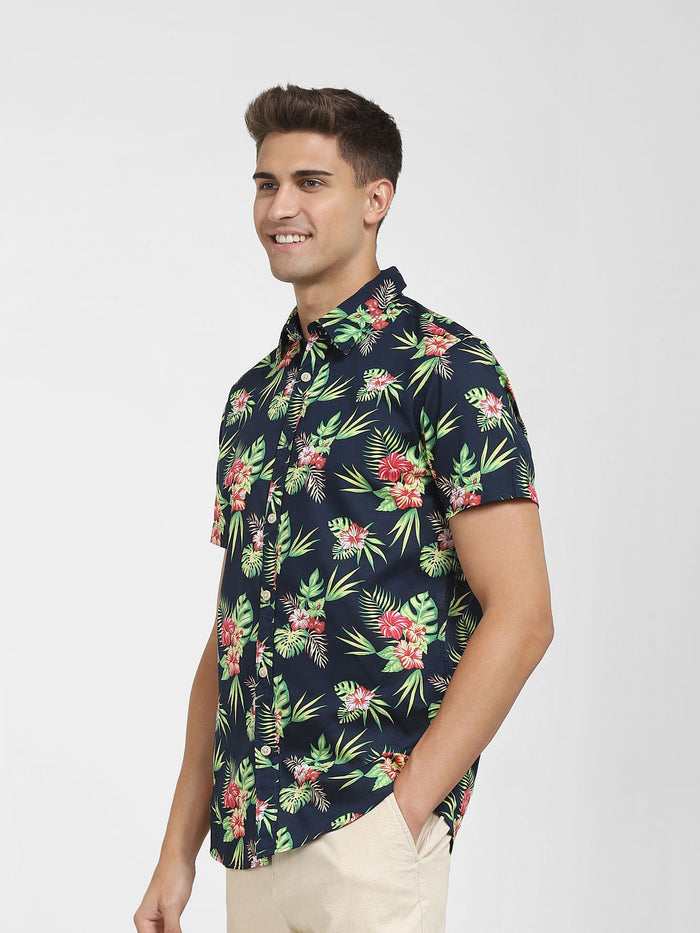 Navy Blue Tropical Print Short Sleeves Shirt