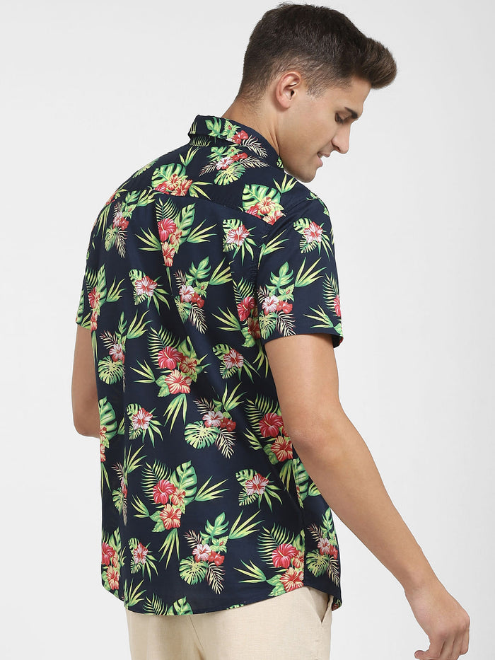 Navy Blue Tropical Print Short Sleeves Shirt