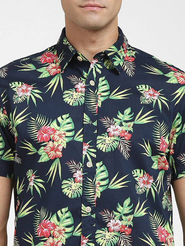 Navy Blue Tropical Print Short Sleeves Shirt
