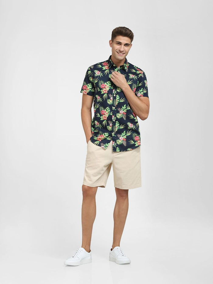 Navy Blue Tropical Print Short Sleeves Shirt