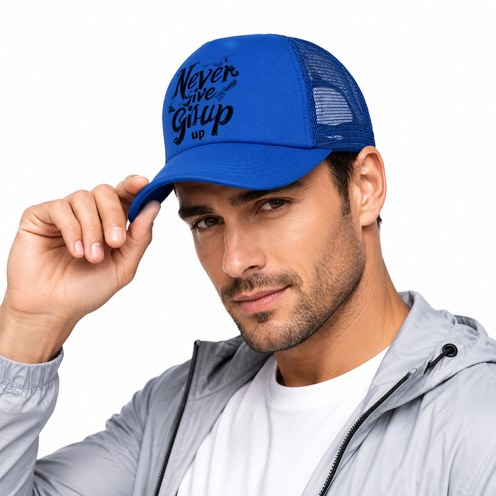 Casual mesh cap with durable polyester shape and confident slogan design