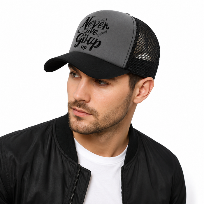 Sporty trucker style cap with breathable back panels and bold front artwork