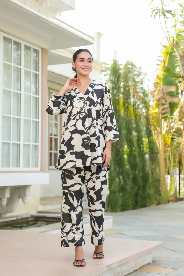 Noir Petals Black Cotton Flex Co-ord Set