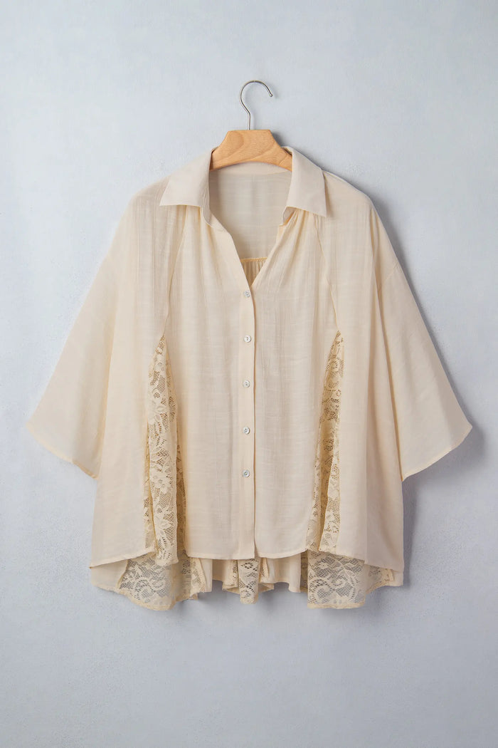 Oatmeal Sheer Lace Splicing Detail Bracelet Sleeve Loose Flowy Shirt – Beige