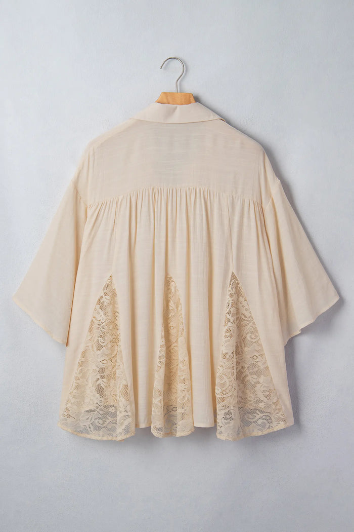Oatmeal Sheer Lace Splicing Detail Bracelet Sleeve Loose Flowy Shirt – Beige
