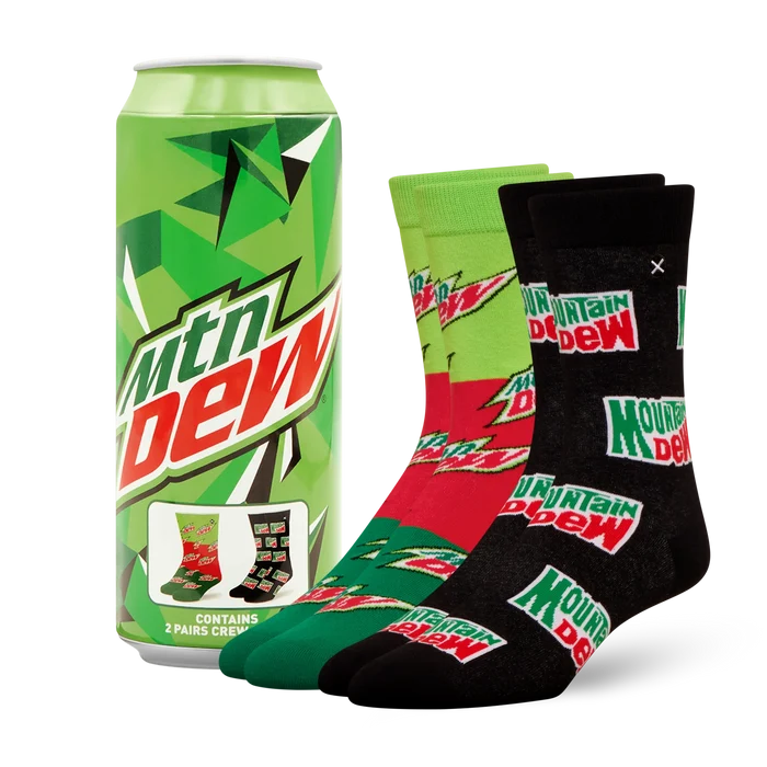 Pair of ODD SOX Mountain Dew-themed socks in a 2-pack, featuring vibrant green and black designs with mountain dew branding.
