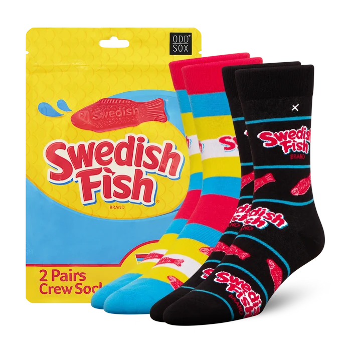 ODD SOX Swedish Fish socks 2-pack featuring colorful fish pattern, comfortable crew-length socks for casual wear.