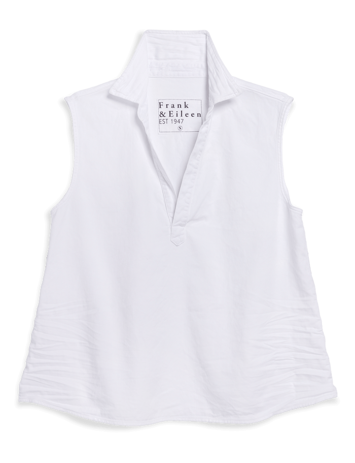 White sleeveless shirt with 'Frank & Eileen' branding on a black background