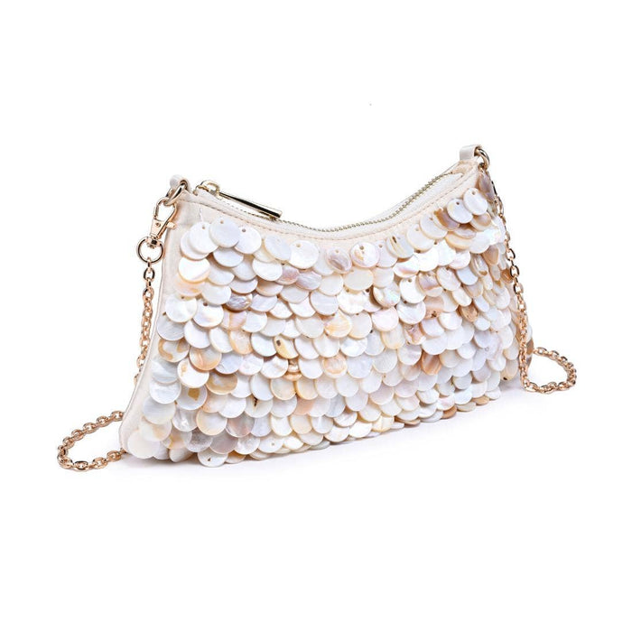 Angled view of the Opalite Evening Bag with layered opalescent shell disc embellishments, zip-top closure, and a removable gold-tone chain shoulder strap.