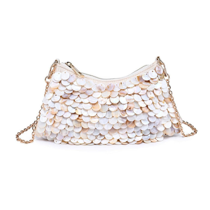Close-up of the Opalite Evening Bag featuring iridescent shell disc embellishments, a gold-tone zipper, and a removable chain shoulder strap.