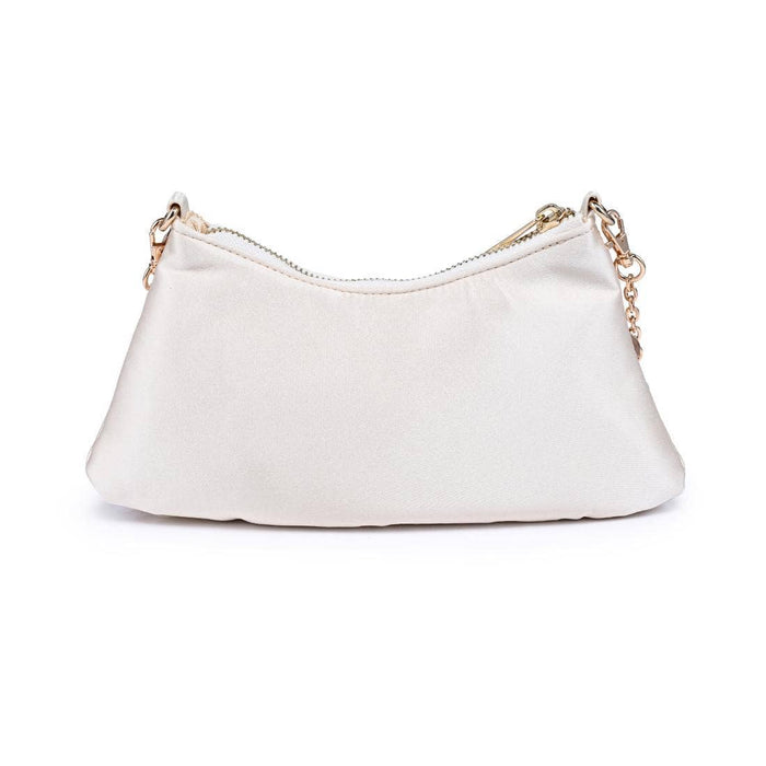 Back view of the Opalite Evening Bag featuring a smooth ivory fabric back, gold-tone zip closure, and removable chain strap attachments.