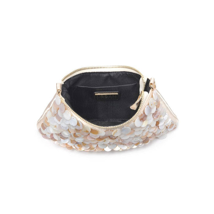 Interior of the Opalite Evening Bag with a black fabric lining, zip-top closure, and an interior slip pocket for organizing small essentials.