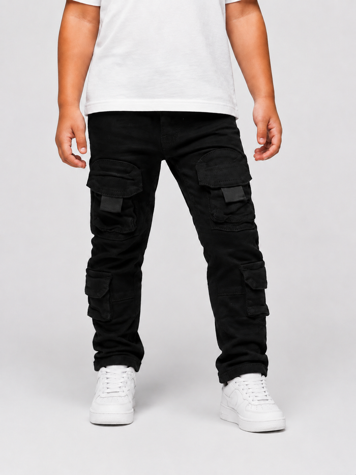 Black OPS Kids Cargo Utility Pants made of durable denim, featuring multiple pockets and a comfortable fit for children.
