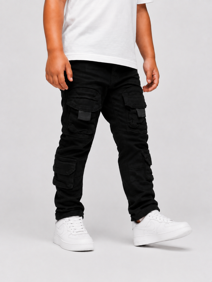 Kids denim cargo utility pants by OPS Kids in black, featuring multiple pockets and a relaxed fit for comfortable everyday wear.