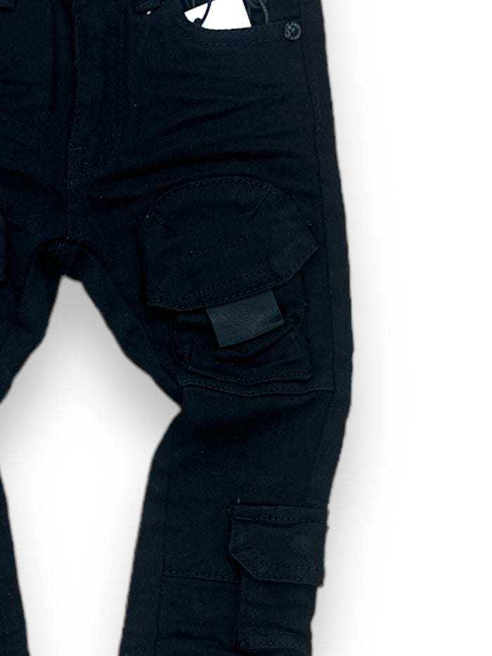 Black OPS Kids Cargo Utility Pants, durable denim for children with multiple pockets and a comfortable fit.