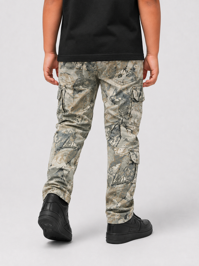 Kids denim cargo utility pants by OPS Kids in sand camo, featuring multiple pockets and adjustable waist for a comfortable fit.