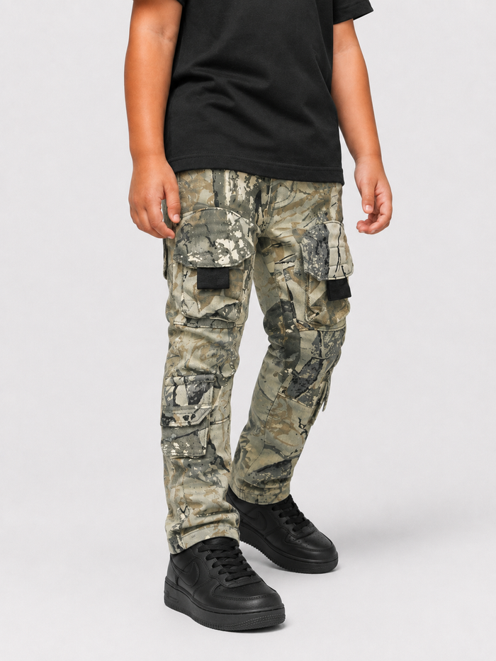 Kids denim cargo utility pants by OPS Kids in sand camo with multiple pockets and durable fabric, perfect for active children.