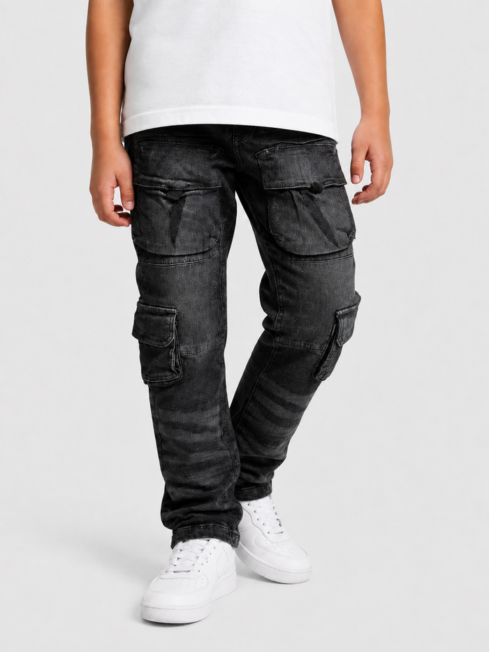 Kids OPS Kids Cargo Utility Pants in Black Sand, durable denim style with multiple pockets and comfortable fit for children.