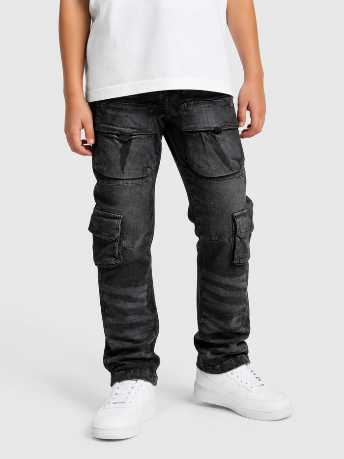 Kids denim cargo utility pants by OPS Kids in black sand color, featuring multiple pockets and durable fabric.