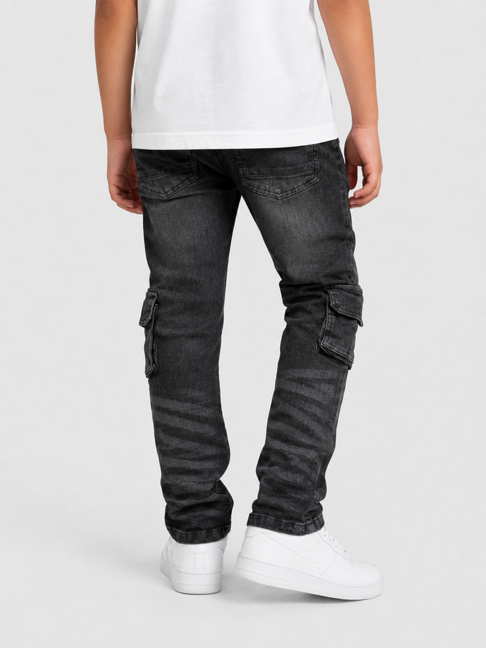 Kids denim cargo utility pants by OPS KIDS in black sand, featuring multiple pockets and a comfortable fit for active children.