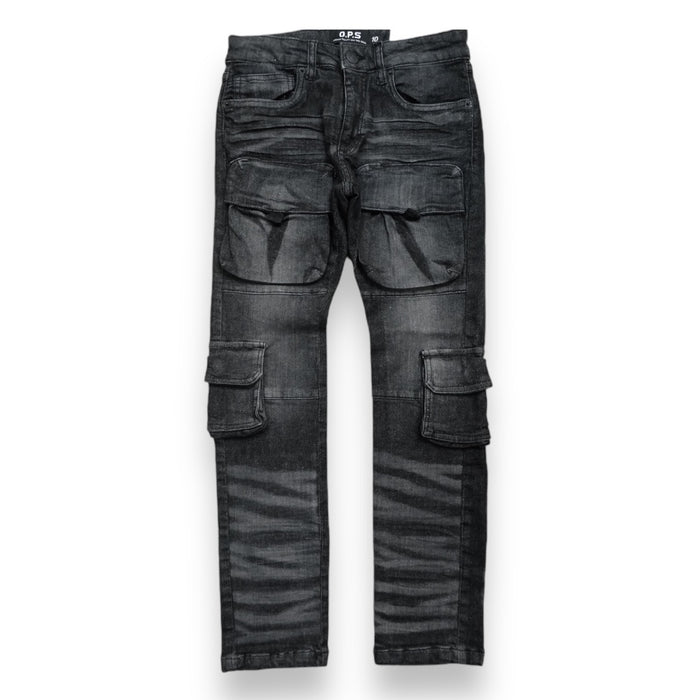 Kids' OPS Kids Cargo Utility Pants in Black Sand, durable denim with multiple pockets, designed for active children.