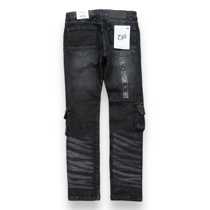 Black sand OPS Kids cargo utility pants, kids denim style with multiple pockets and comfortable fit, in a casual design.