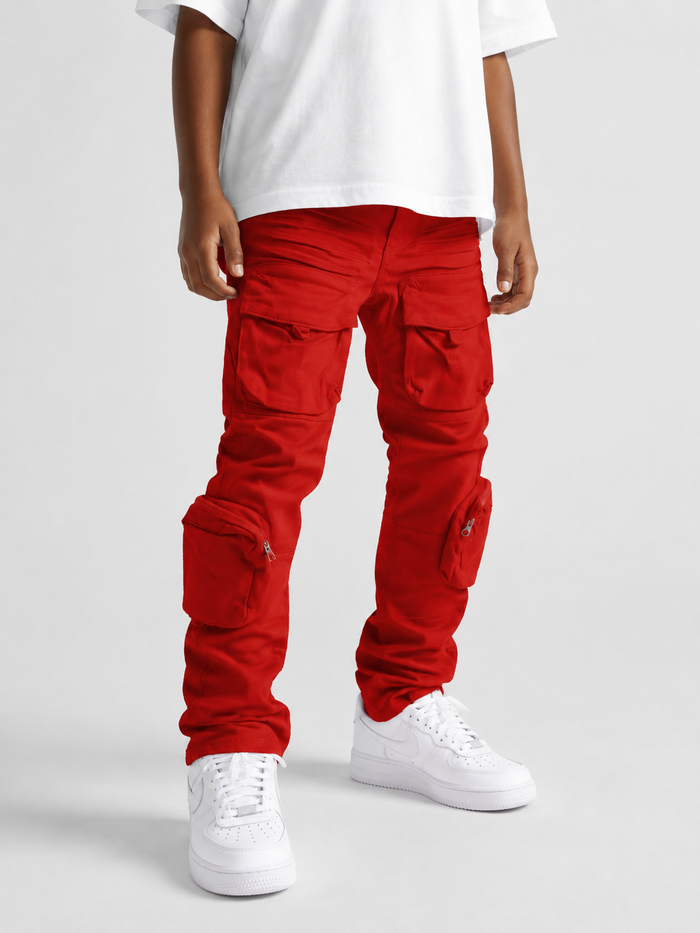 Red OPS Kids Cargo Utility Pants for kids, denim style with multiple pockets, durable and comfortable for active play.