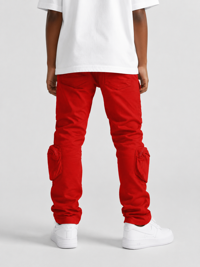 Kids denim cargo utility pants in red by OPS Kids, featuring multiple pockets and a comfortable fit.