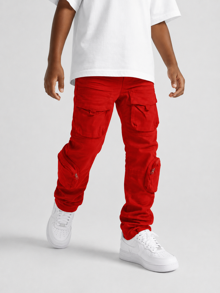 Kids denim cargo utility pants in red by OPS Kids, featuring multiple pockets and a comfortable fit.