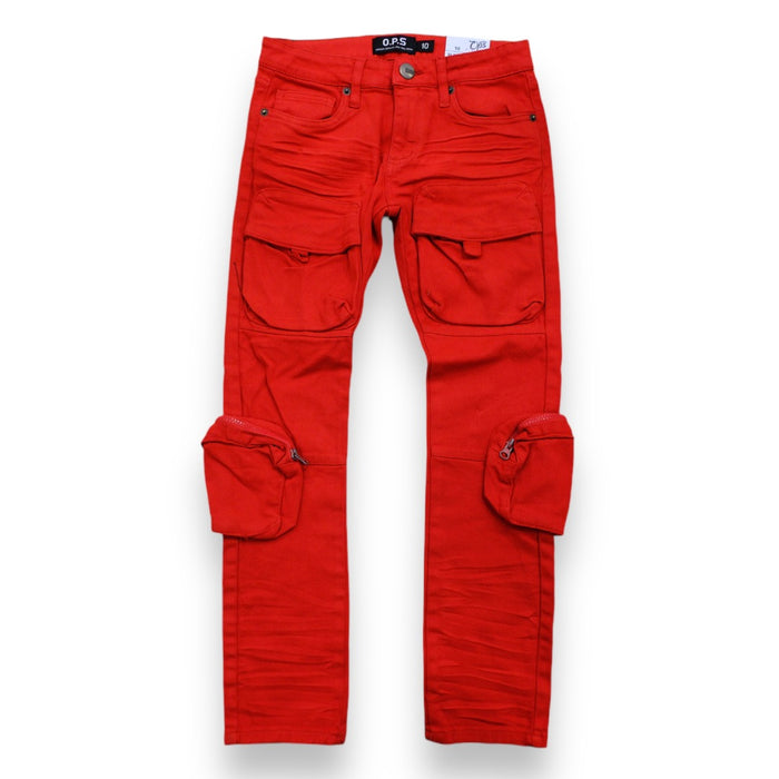 Kids denim cargo pants in red by OPS Kids, featuring multiple pockets and a comfortable fit for active children.