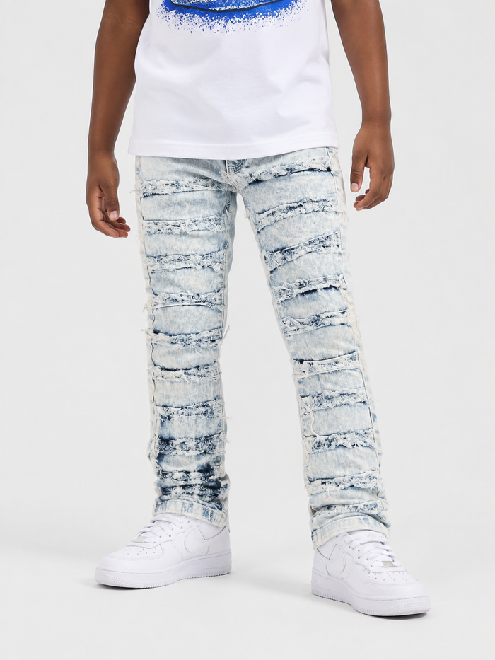Kids denim jeans by OPS Kids with frayed edges and taped trim, in bleached light wash, featuring a casual and trendy design.