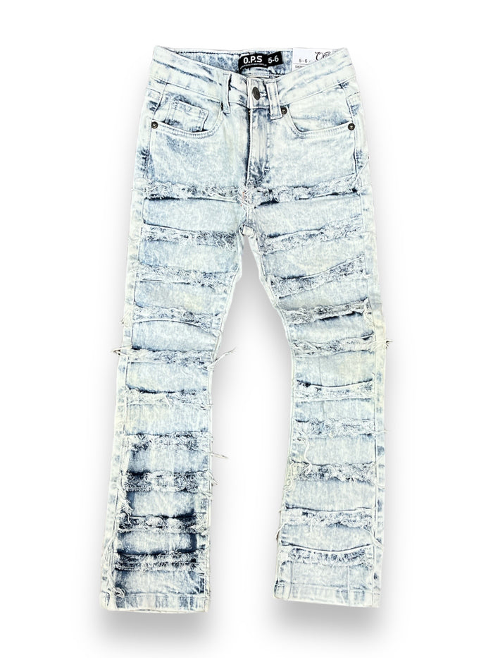 Kids denim jeans by OPS KIDS with frayed, taped trim in bleach wash, featuring a casual, stylish design for children.