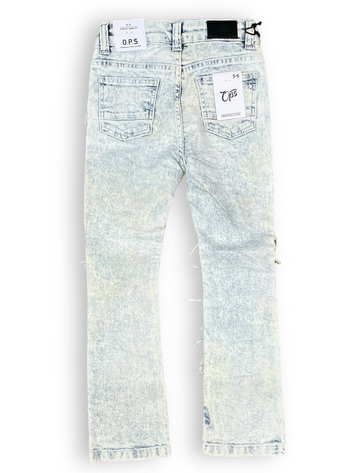 Kids denim jeans by OPS KIDS with frayed hem and taped trim, in bleach wash, casual style for kids.